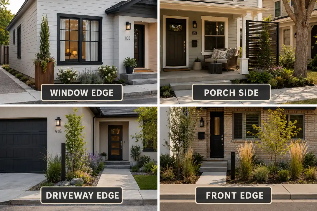 Four no-setback front yard privacy edge options showing window edge, porch side, driveway edge, and front edge placement.