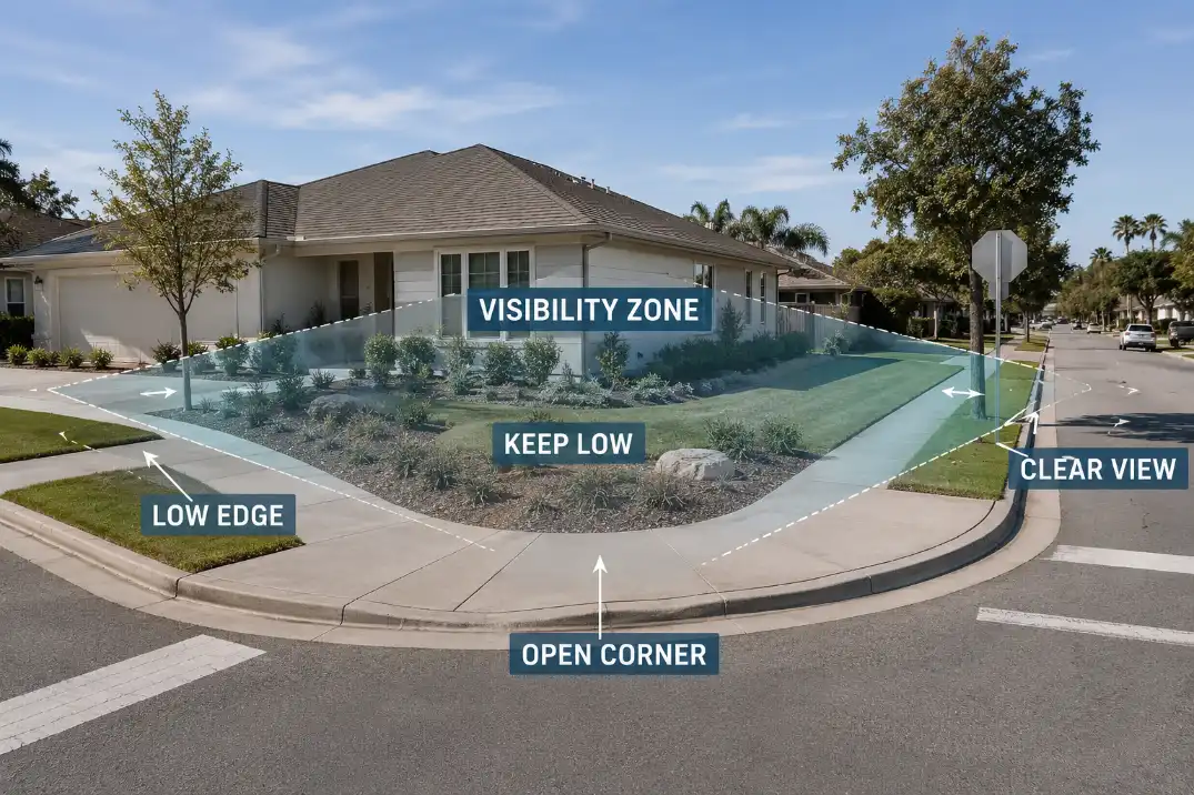 Corner lot visibility zone showing low open planting and clear sightlines at the public corner.