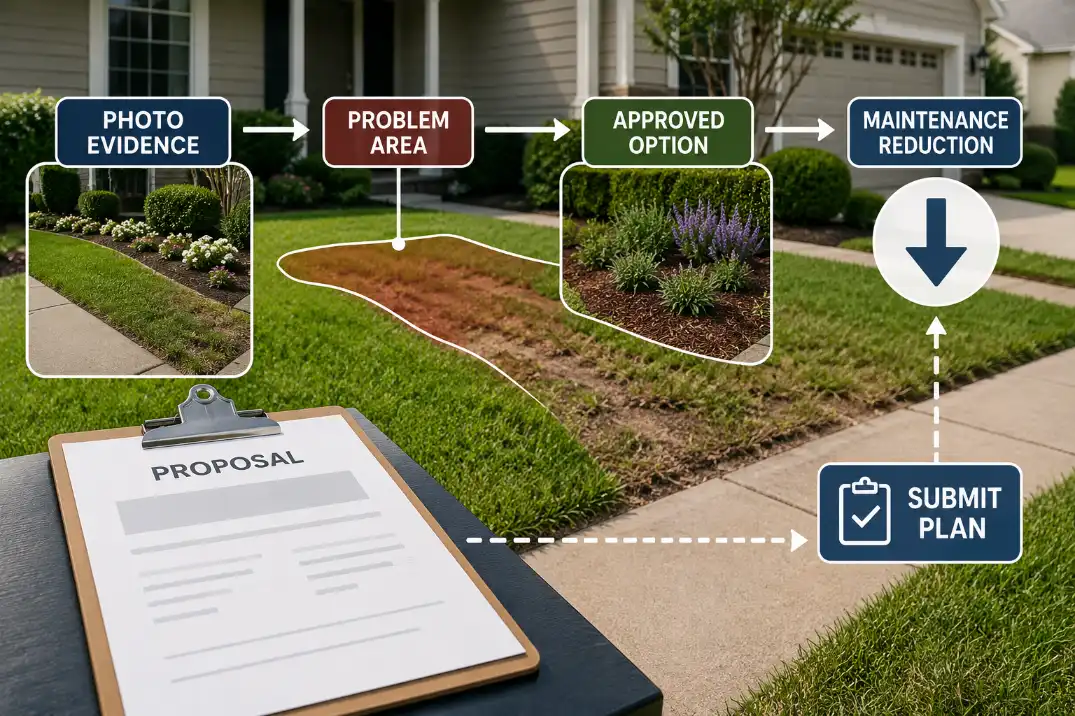 HOA proposal flow showing photo evidence, problem area, approved option, maintenance reduction, and submit plan steps.