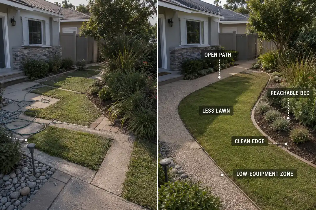 Before-and-after front yard layout showing less fragmented lawn, reachable beds, clean edges, and an open maintenance path.