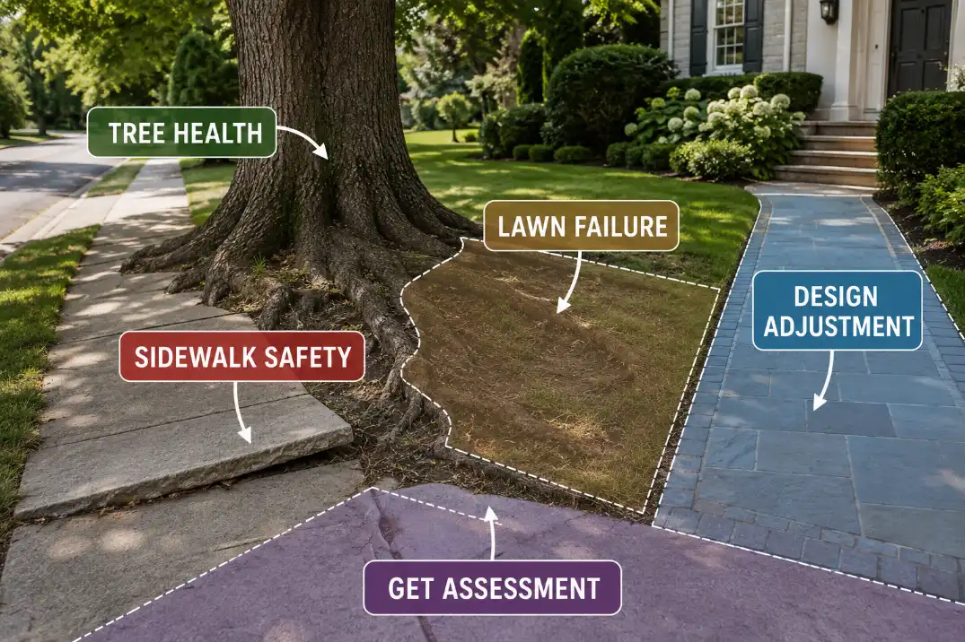 Front yard decision map showing tree health, sidewalk safety, lawn failure, and design adjustment zones.