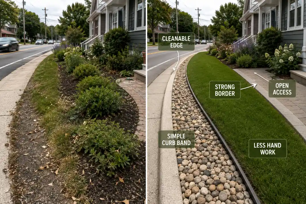 Before-and-after front yard overlay showing a cleaner curb band, stronger border, open access, and less hand cleanup near a road.