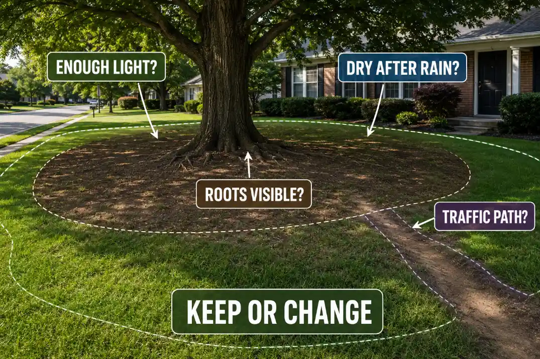 Decision map showing light, soil dryness, visible roots, traffic path, and keep-or-change zones under a front yard shade tree.