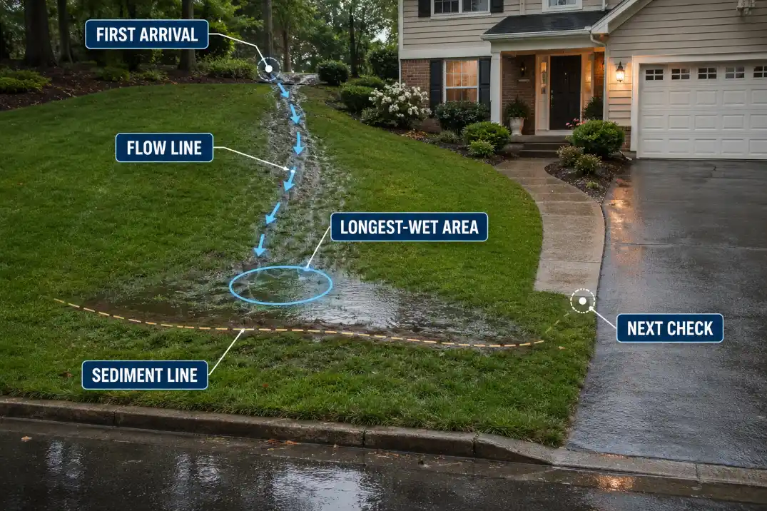 After-rain diagnosis map showing first water arrival, flow line, sediment line, and longest-wet area in a hill-bottom front yard.