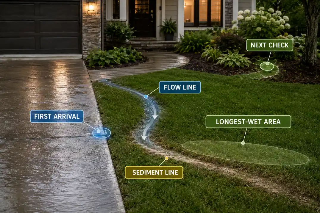 After-rain driveway runoff trace map showing first arrival, flow line, sediment line, longest-wet area, and next check.