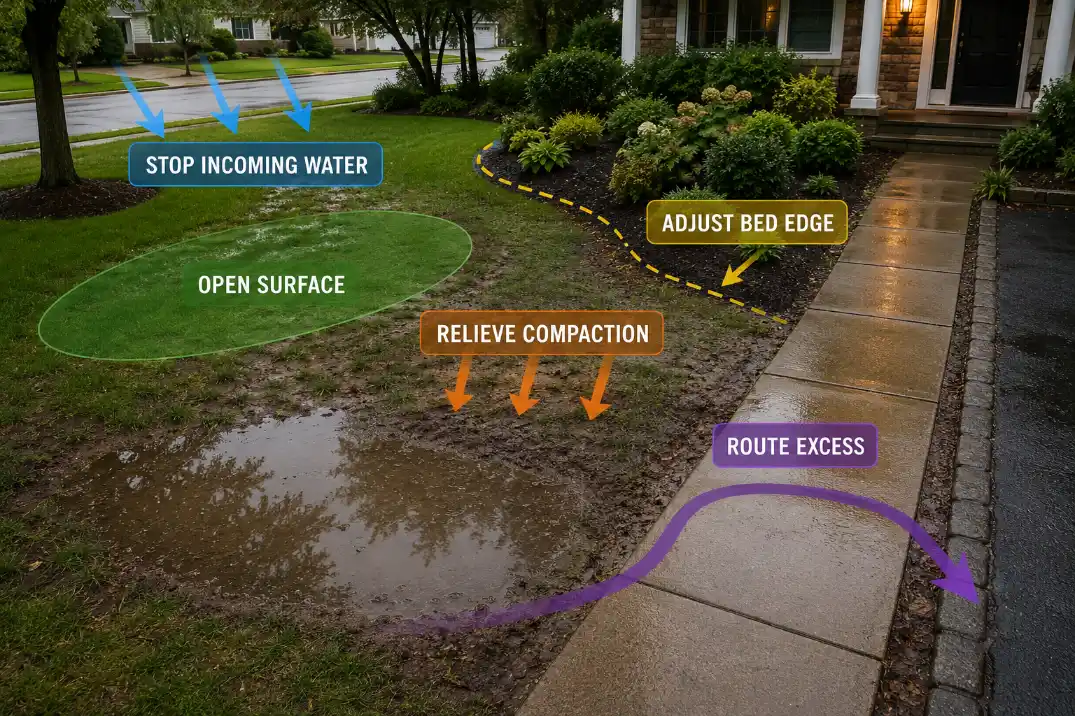 Clay soil front yard fix path map showing surface opening, compaction relief, water-source correction, and drainage routing.