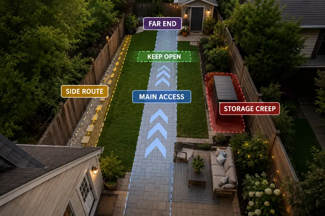 Long narrow backyard showing a main access route, side route, storage creep, and the far end that still needs open access.