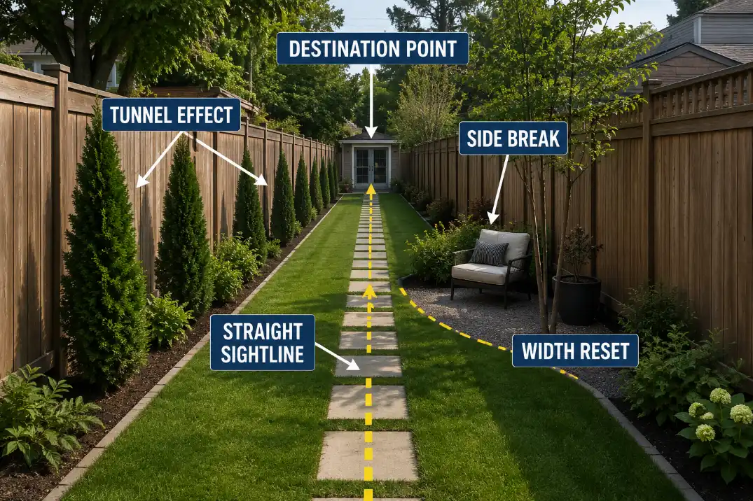 Long backyard sightline overlay showing a tunnel effect and a side break that resets the space.
