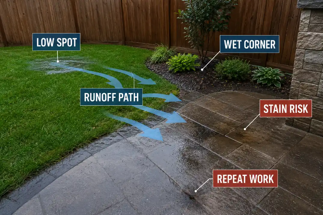 Backyard after rain with overlay showing low spot, runoff path, wet corner, stain risk, and repeat work.