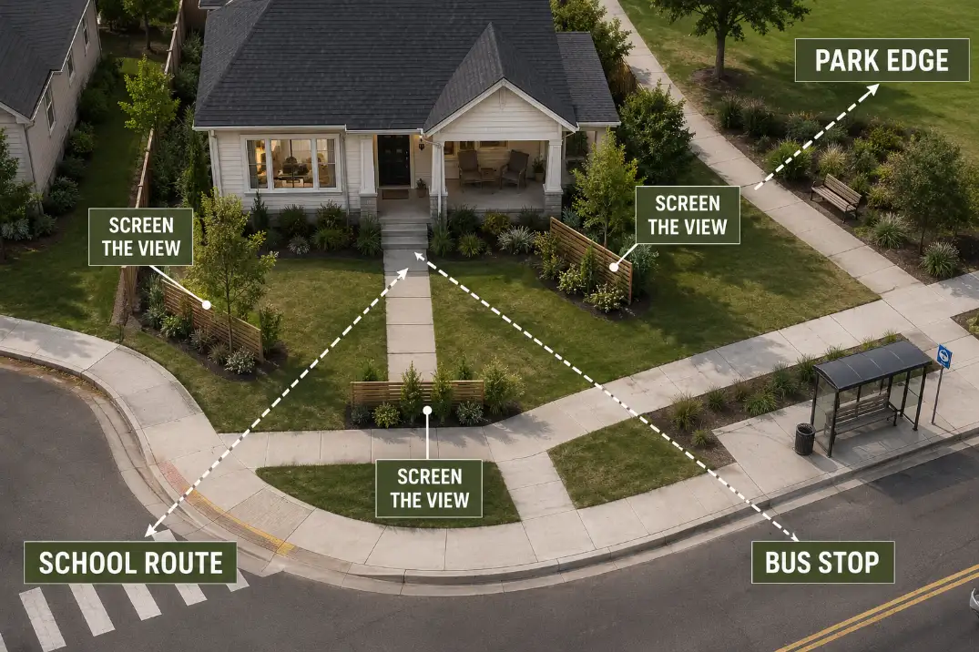 Front yard layout diagram showing school route, park edge, and bus stop waiting points with targeted screen placements.