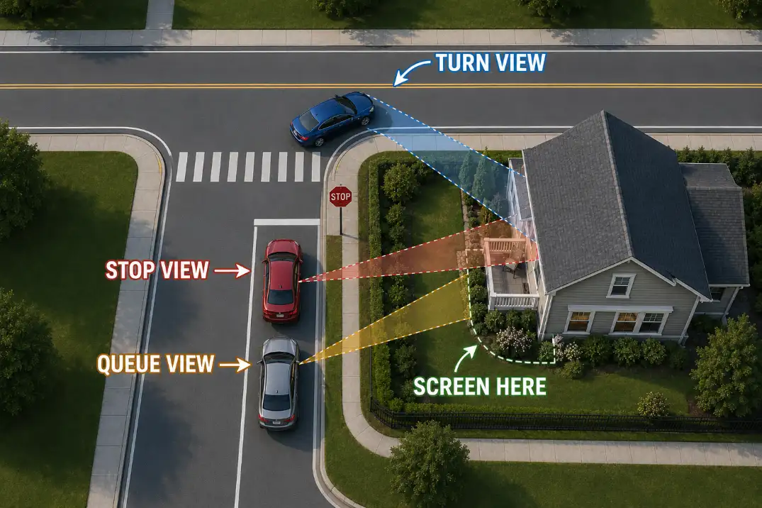Overhead plan showing stop view, turn view, and queue view screen placement for intersection front yard privacy.