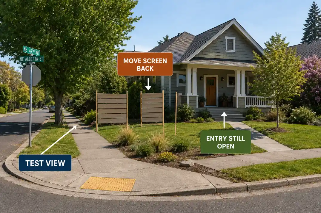 Temporary privacy markers used to test a corner-lot sightline from the street before building permanent screening.