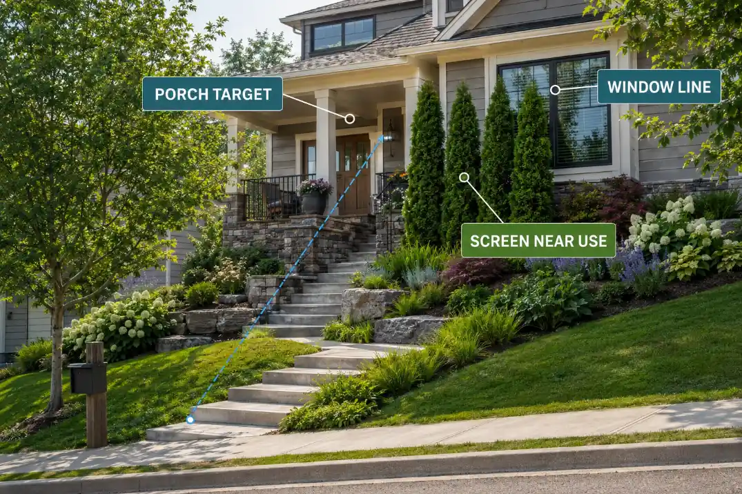 Targeted porch and window screening placed near the street eye line on a sloped front yard.
