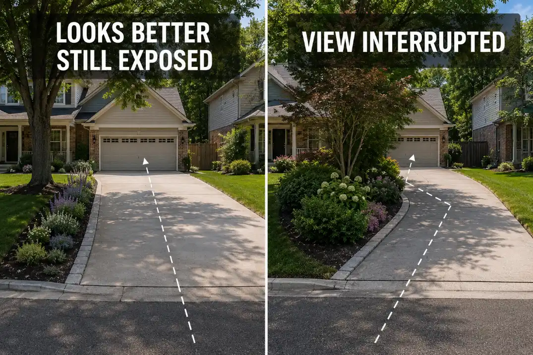 Comparison of a decorative driveway edge that remains exposed and an offset privacy fix that interrupts the street view.
