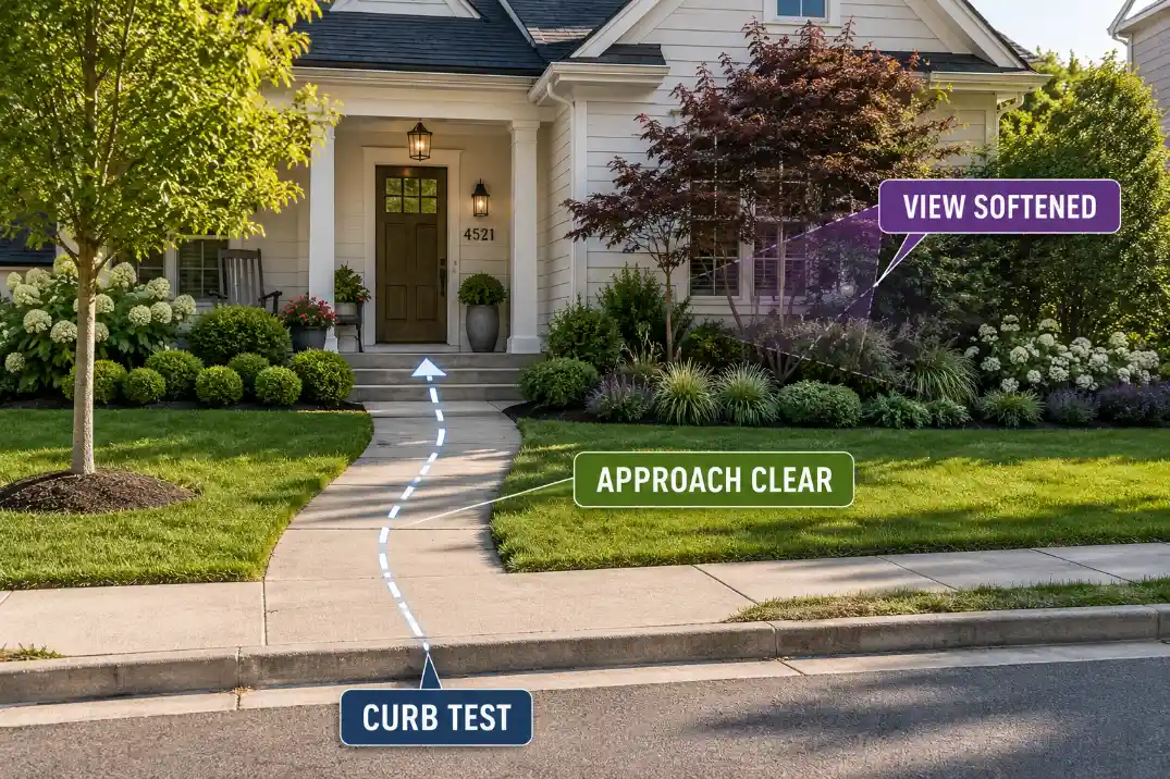 Curb-to-door test showing a clear front yard approach with privacy planting softening the exposed view.