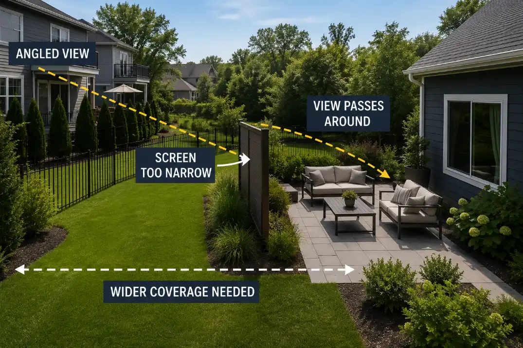 Narrow backyard privacy screen failing because an angled neighbor view passes around it.