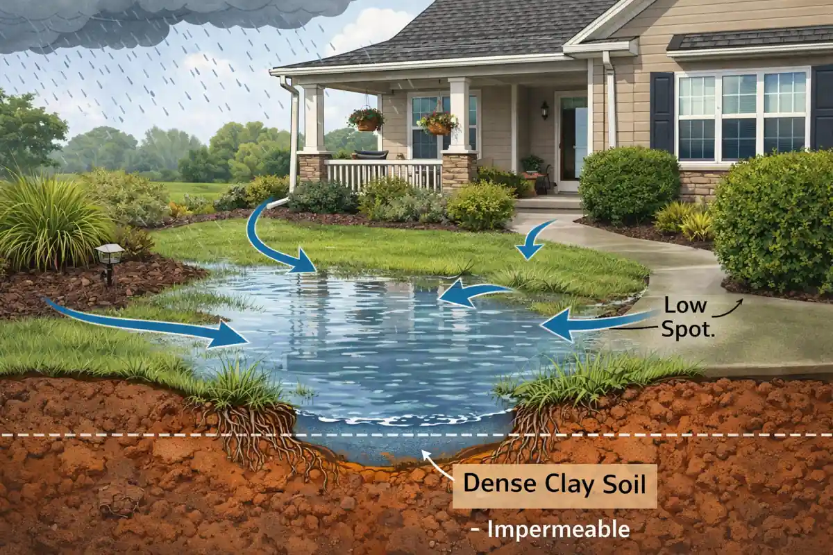 Diagram explaining how clay soil causes water pooling in a front yard.