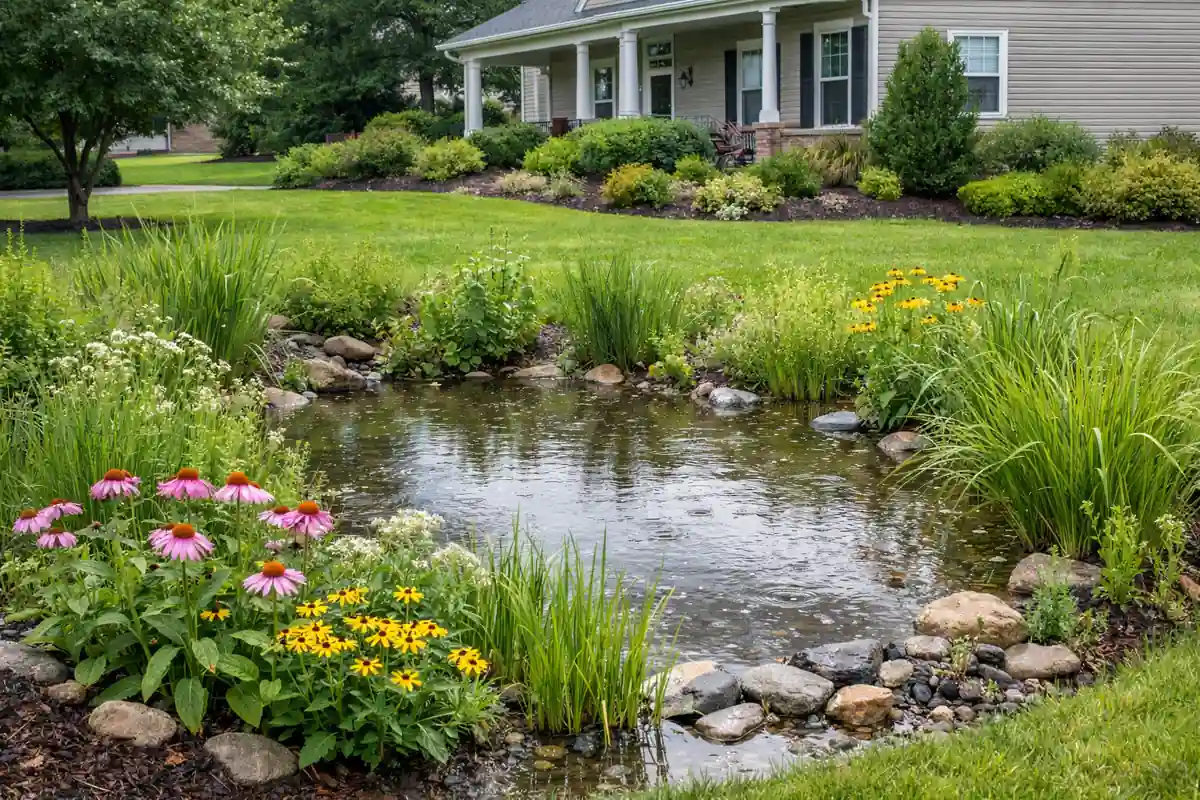 Rain garden helping improve drainage in clay soil front yard.