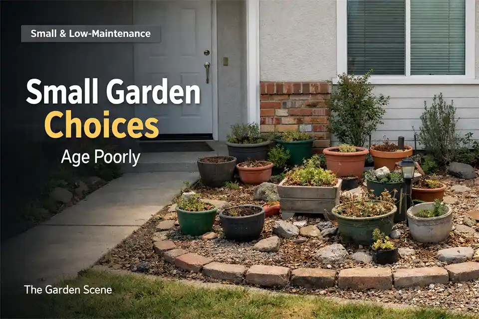 Small front garden with sparse planting, mixed materials, and too many small planters that makes the entry look cluttered and dated.