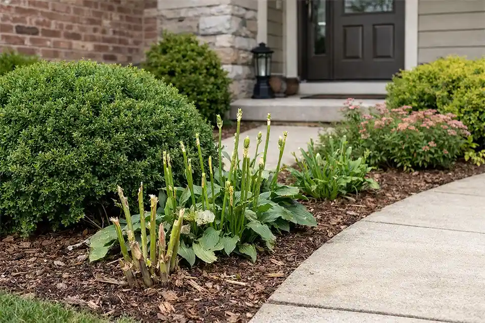 Front yard planting bed with deer-browsed ornamental plants and intact evergreen shrubs near a home entry walkway