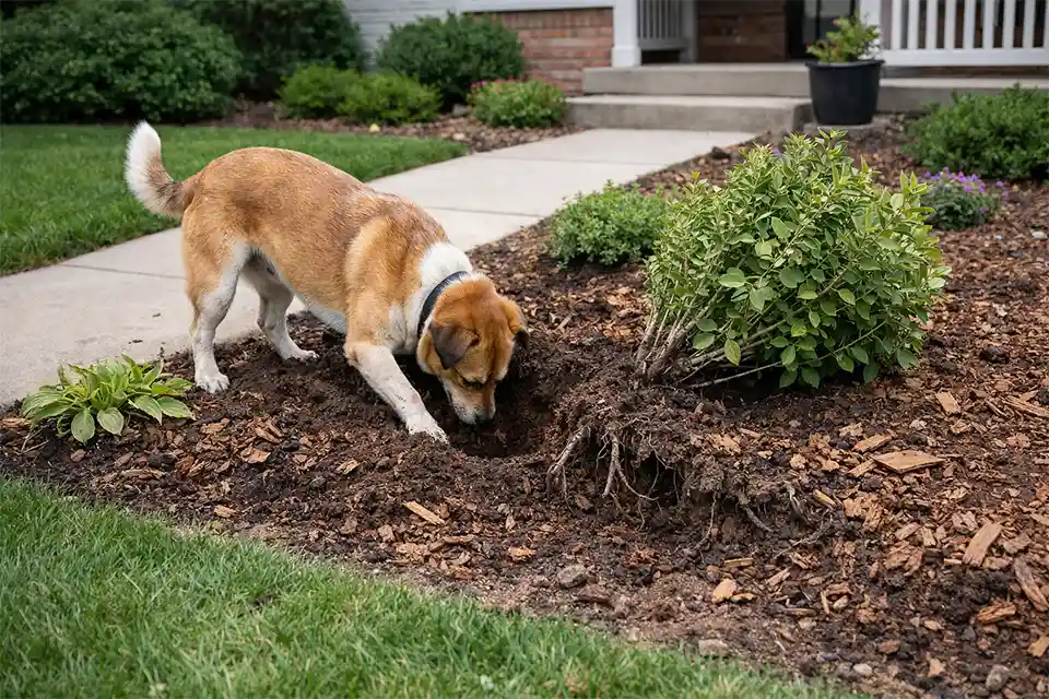 Dog digging in a front yard planting bed with exposed roots, displaced mulch, and a leaning shrub near the lawn edge