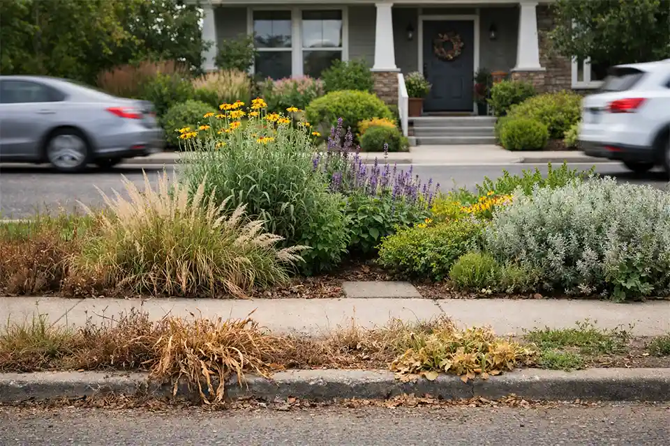 Front yard plants on a busy street with dusty curbside foliage and healthier setback planting closer to the house