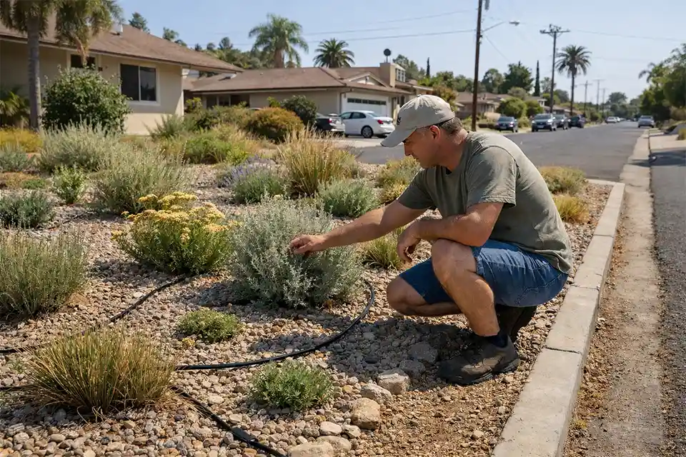 Homeowner choosing low-water front yard plants with gravel mulch and drip irrigation in a dry neighborhood under water restrictions