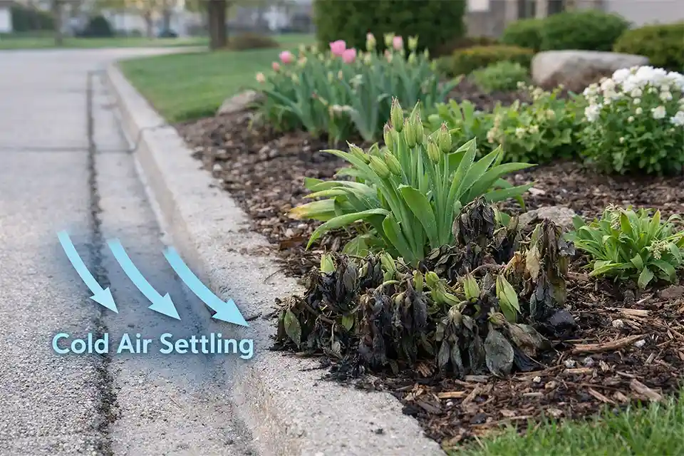 Front yard planting bed with late spring frost damage on tender spring growth and an overlay showing where cold air settles near the sidewalk