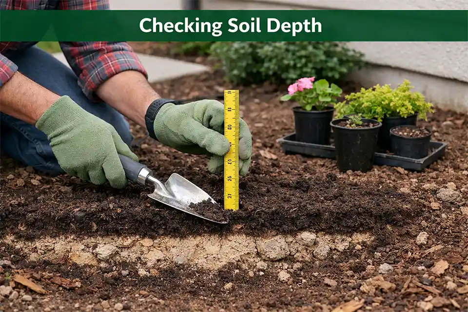 Front yard planting bed with shallow topsoil being measured before planting over hard subsoil