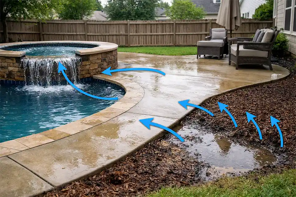 Backyard pool and hot tub with runoff arrows showing water draining into a muddy low corner of the yard