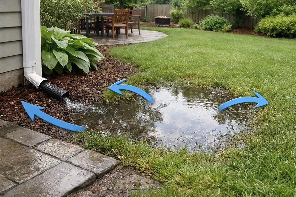 Backyard patio and lawn low spot with standing water near a downspout causing mosquito problems