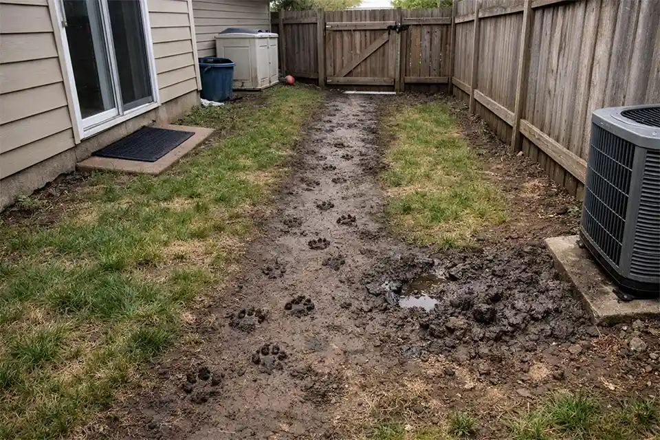 Dog-friendly backyard with a muddy worn path between the back door and side gate caused by repeated dog traffic