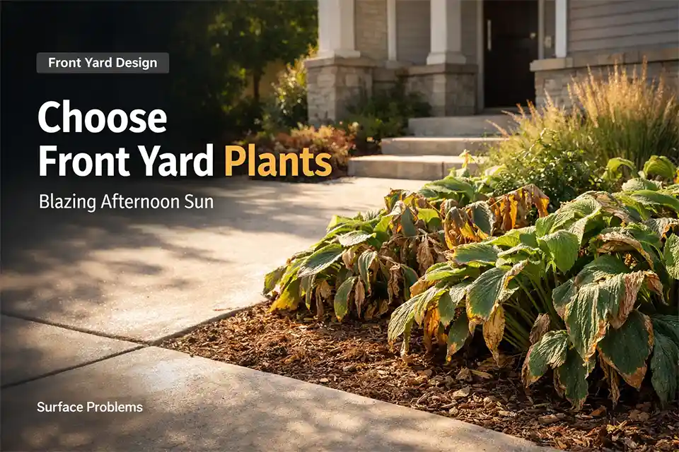 West-facing front yard bed with scorched drooping plants beside a driveway in blazing afternoon sun