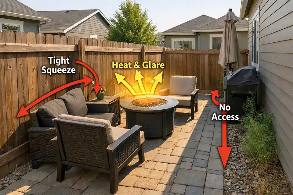 Shared-fence backyard with seating crowded against a wood fence, showing blocked access, glare pressure, and an overloaded patio edge.