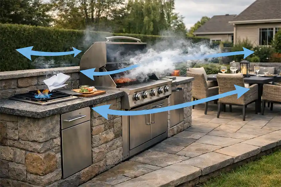 Outdoor kitchen in a windy backyard with overlay arrows showing prevailing wind pushing grill smoke toward the dining area and prep counter.