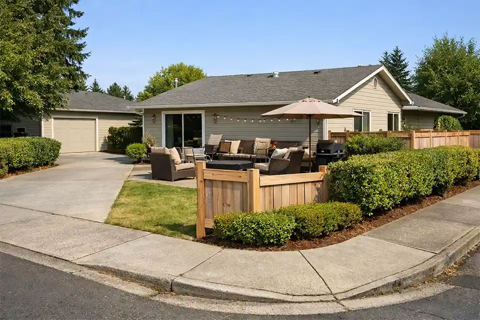 Corner-lot backyard patio exposed from two street angles because a short fence ends early and shrubs are too low
