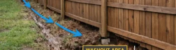 Wood fence on a sloped backyard with runoff washing soil out beneath the fence and exposing the post base