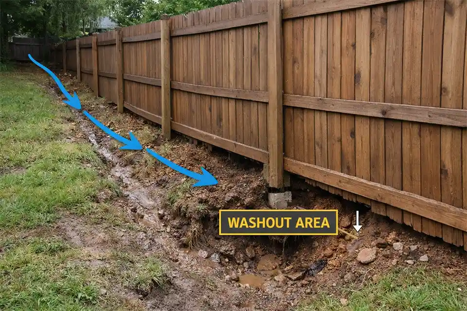 Wood fence on a sloped backyard with runoff washing soil out beneath the fence and exposing the post base