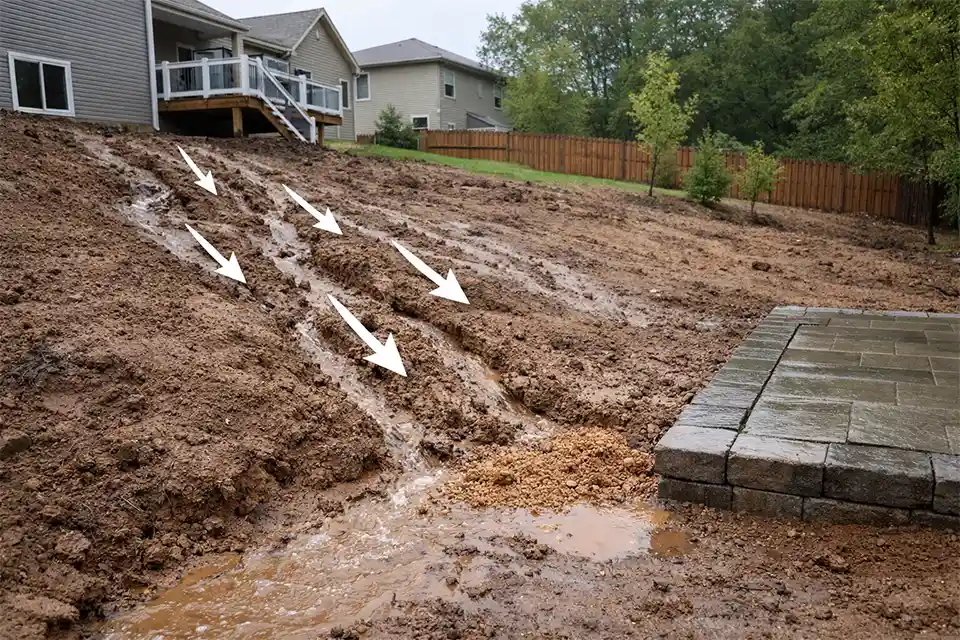Newly constructed sloped backyard with bare soil washout, visible erosion channels, and overlay arrows showing runoff moving downhill.