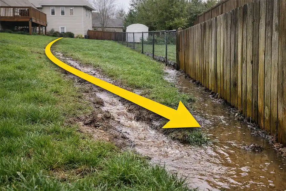 Sloped backyard runoff crossing a shared fence line into a neighbor’s yard with a visible muddy flow path