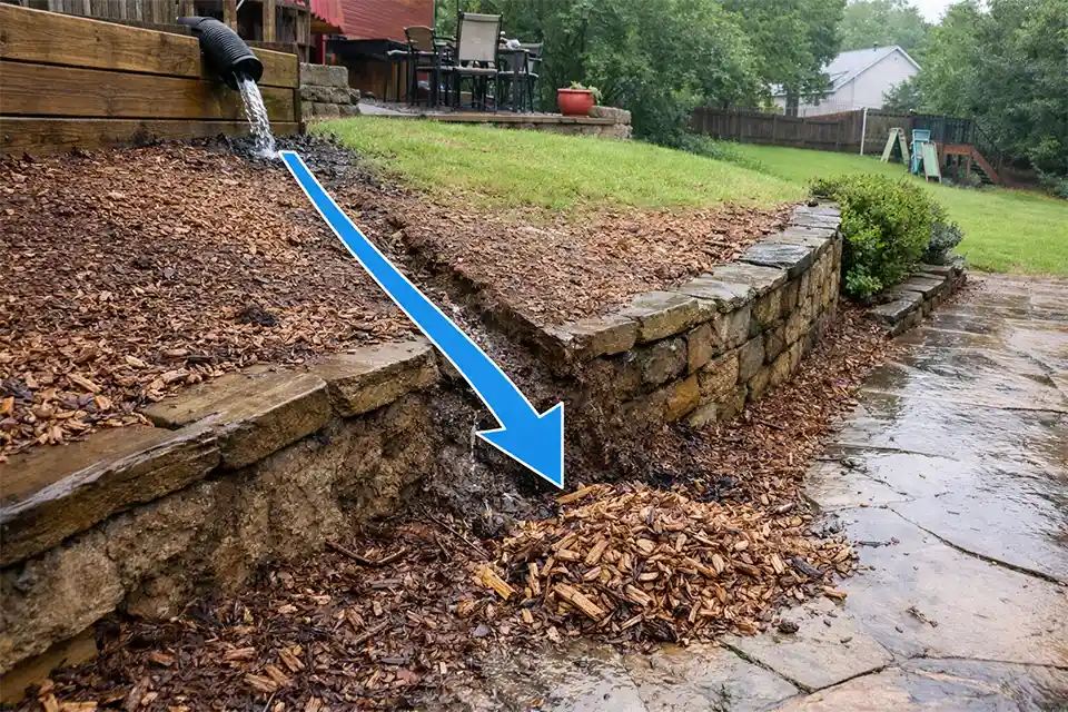 Tiered backyard on a steep slope with concentrated runoff cutting an erosion channel across a lower terrace