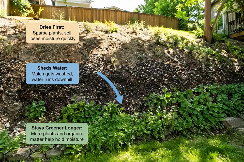 Sloped backyard bank with dying plants, washed mulch, and overlay showing where the top dries first, the middle sheds water, and the bottom stays greener longer