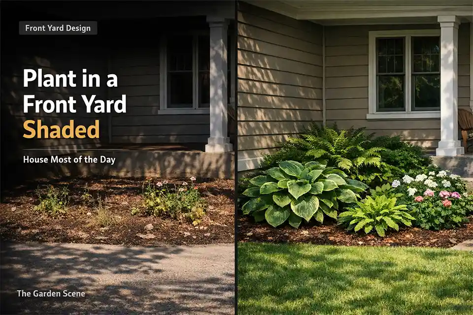 Side-by-side front yard shaded by the house showing failing sun plants on one side and a healthy layered shade planting on the other