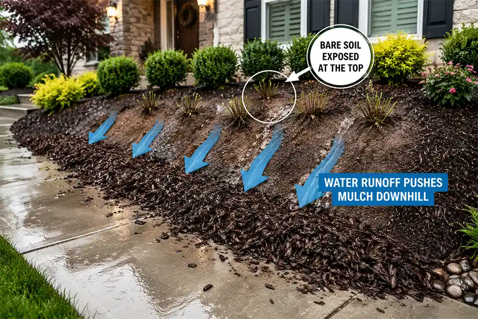Sloped planting bed after heavy rain with mulch piled at the bottom, bare soil at the top, and overlay arrows showing runoff pushing mulch downhill.