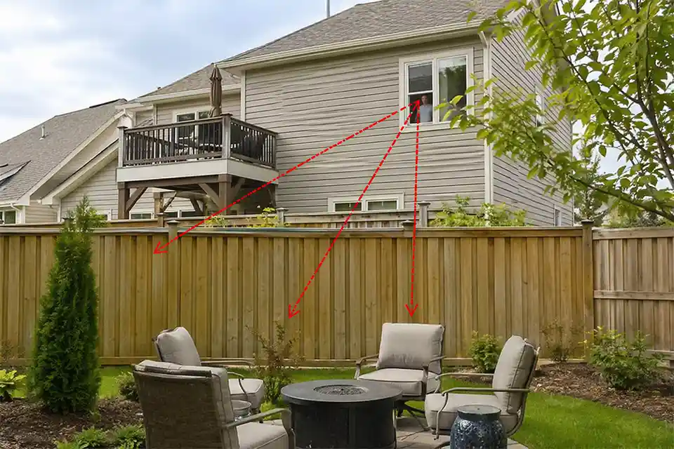 Backyard patio with an HOA-height fence that still allows views in from a neighboring deck and second-story window, with overlay lines showing the privacy gap above the fence