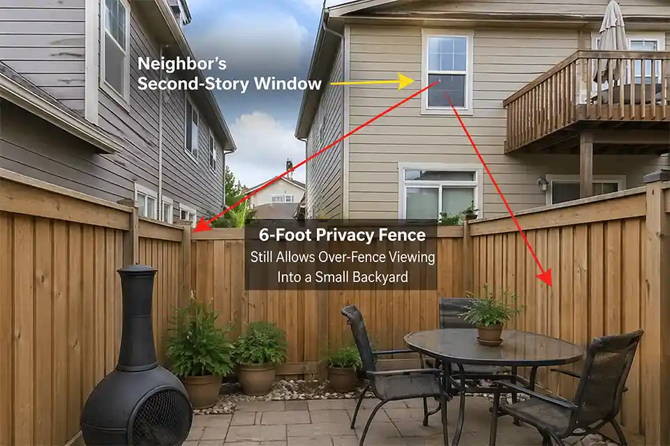 Small backyard with a 6-foot privacy fence and overlay arrows showing sightlines from a second-story window and raised deck reaching the patio seating area