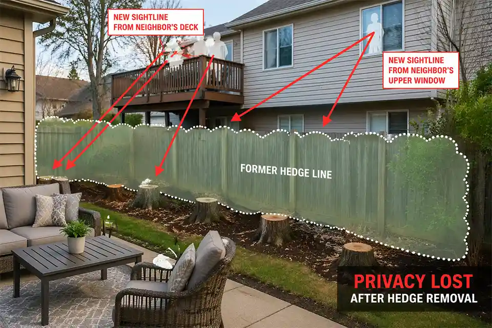 Backyard patio exposed after hedge and tree removal with overlay lines showing new privacy sightlines from a neighbor’s deck and upper window