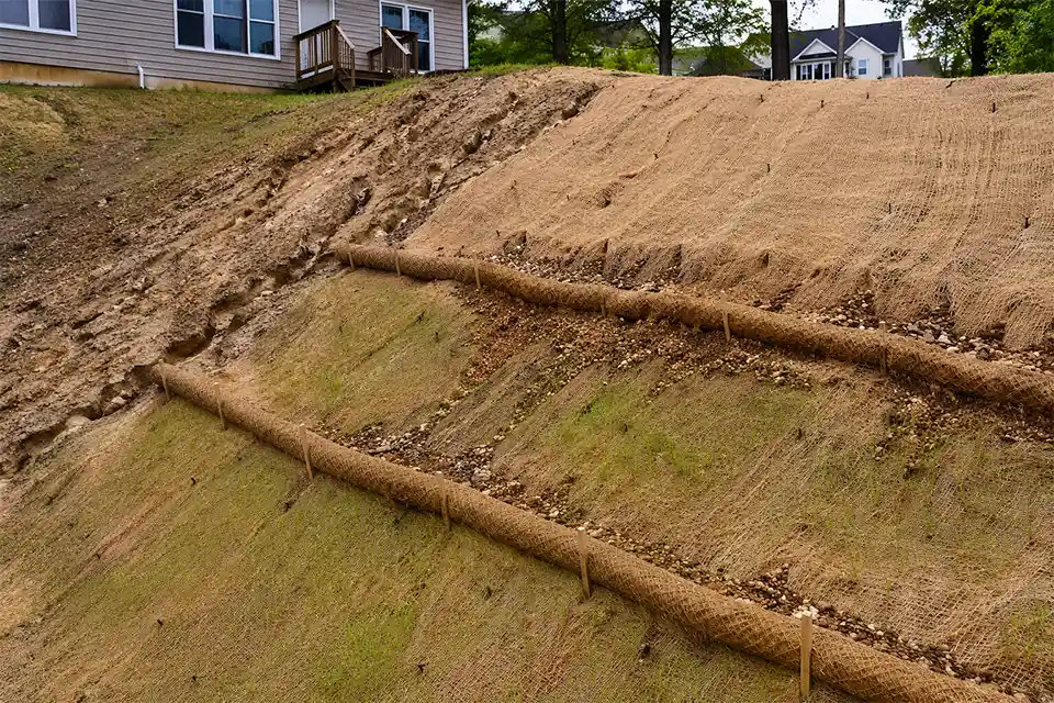 Sloped backyard with bare soil erosion, runoff grooves, coir erosion-control blanket, and contour-installed wattles stopping washout.
