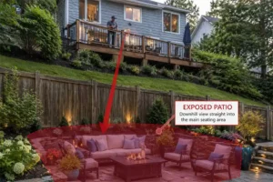 Downhill backyard patio exposed to views from an uphill neighbor with overlay showing the sightline into the seating area
