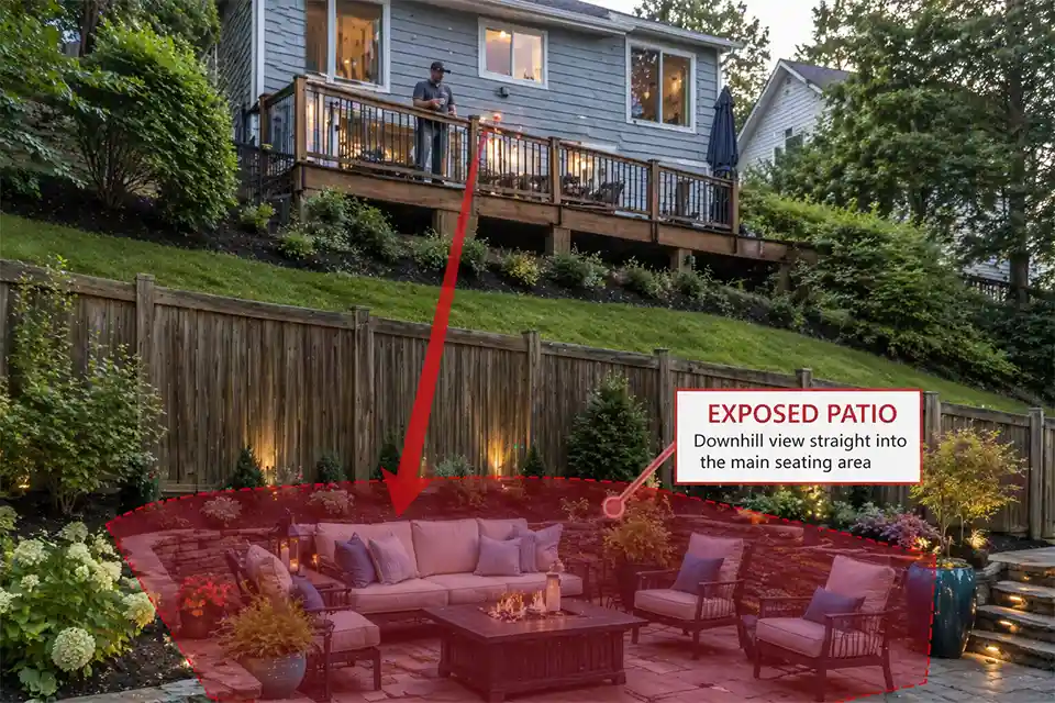 Downhill backyard patio exposed to views from an uphill neighbor with overlay showing the sightline into the seating area